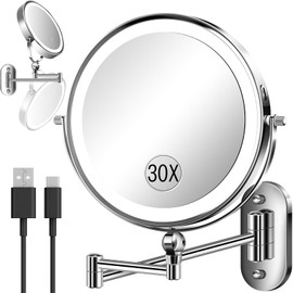 30X/1X Wall Mounted Lighted Makeup Mirror, 9'' Height Adjustable Double Sided 5000mAh Rechargeable Magnifying Bathroom Mirror with Light, 3 Color Modes Touch Dimmable Extended Arm 360 Rotation