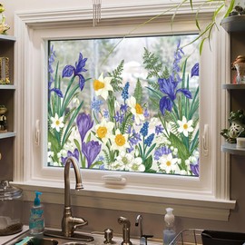 ADD.HERES Window Clings Stickers, Colorful Floral Window Film, Removable DIY Bouquet Window Clings,Decals for Home School Office Party Supplies, Translucent Iris Blossom, 17.5 x 59.06 in