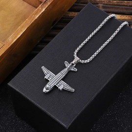 Airplane Necklace for Men, Punk Rock Aircraft Pendant Necklace with 27.6” Chain, Hip Hop Necklace, Pilot Amulet Necklace, Flight Attendant Jewelry for Aviation Traveler