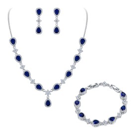 EleQueen Bridal Inspired Teardrop Necklace Set Tennis Bracelet Dangle Earrings V Shape Cubic Zirconia for Women Girls Sapphire Color