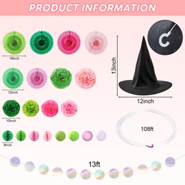 Weysat Pink and Green Birthday Decorations for Women Girls, Paper Pompoms, Paper Fans, Lanterns, Witch Hats, Circle Garland, Witch Theme Party Decorations for Princess and Witch Birthday Party