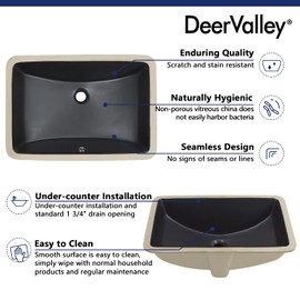 DeerValley DV-1U0086 Ally Undermount Bathroom Sink 21'' x 15'' Rectangular Bathroom Undermount Sink Vitreous China Bathroom Sink with Overflow, Matte Black