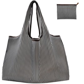 FenFang Large Foldable Shopping Bag, Fabric, Reusable, Reusable Bag, Environmentally Friendly, Foldable Bag, Lightweight, Quick-Drying for Shopping, Travel, Trip, 56 x 67 cm, black stripe