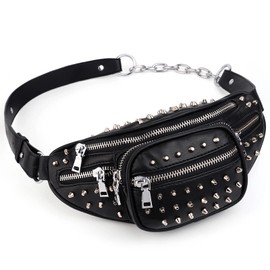 UTO Fanny-Pack-for-Women-Leather Vegan Waist Bag Rivet Studded Lightweight Zipper Pocket Shoulder Purse CA