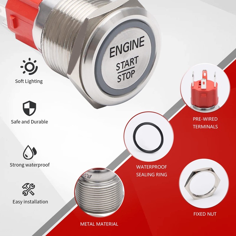 APIELE Push Start Ignition Switch, Off-(ON) Instant Engine Start Push