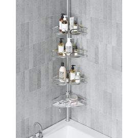 USHOWER Corner Shower Caddy Tension Pole, 4-Tier Aluminum Shower Shelves for Bathroom, Bathtub Shampoo Storage, 51-121 Inch Adjustable Shower Tension Pole Organizer No Drill, Silver
