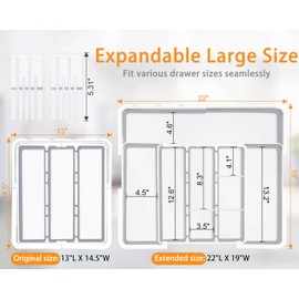 Kitchen Drawer Organizer Expandable Silverware Organizer for Drawer, Utensil Holder and Cutlery Tray, Kitchen Spatula Tools and Gadgets Storage with Removable Knife Blocks and 3 Dividers, White