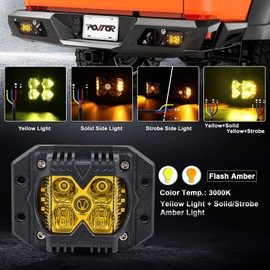 Flush Mount LED Pods, POVTOR Waterproof IP68 Side Shooter Pods Yellow Lens with Amber Solid Strobe Separate Function 40W Spot Flood Driving Cube Lights for Truck ATV RZR UTV Jeep Ford SUV Toyota 4X4