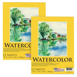 U.S. Art Supply 11" x 14" Premium Heavyweight Watercolor Painting Paper Pad, Pack of 2, 12 Sheets Each, 140 Pound (300gsm) - Cold Pressed, Acid-Free, Wet, Dry & Mixed Media - Artists, Students, Adults