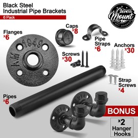 Set of 6 Black Iron Pipe Floating Shelf Bracket 8 Inch (Bonus: 2 Hooks), Heavy Duty Wall Mounted DIY Industrial Shelf Brackets Pipe Brackets for Floating Shelves, Hardware Included