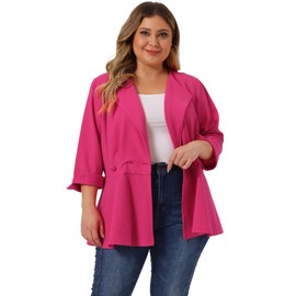 Agnes Orinda Women's Plus Size Casual Work Office Blazers Notched Lapel Button Peplum Blazer 1X Hot Pink
