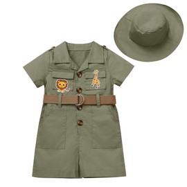 Toddler Baby Boys Girls Safari Outfit Wild One 1st Birthday Animal Jumpsuit Romper Hat Jungle Animals Lion Giraffe Themed Party Clothes Overall Shorts Bodysuit with Belt Army Green 2-3 Years