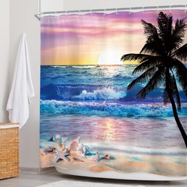 Newsely Ocean Sunrise Shower Curtain 72Wx72H Inch Beach Tropical Palm Tree Hawaiian Sunset Coastal Scenery Sea Wave Shower Curtain Bathroom Set Summer Waterproof Bath Decoration Accessories Home Decor