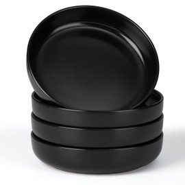 E-far Pasta Bowls Set of 4-35oz Ceramic Large Serving Salad Bowls, Wide & Shallow Stoneware Pasta Plates for Salad, Soup, Dinner| Dishwasher & Microwave Safe | Matte Black