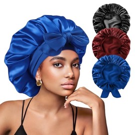 Yanideer 3 pcs Satin Bonnet Silk Bonnet for Sleeping Double Layer Satin Lined Hair Bonnet with Tie Band for Women Curly Hair Blue