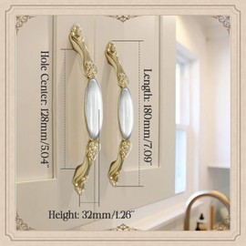 Elistonie 2 Pack Vintage Style Cabinet Handles - 128mm Hole Center Gold Art Pattern Zinc Alloy Cupboard Handles (Light Gold)
