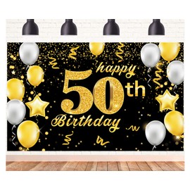 Happy 50th Birthday Banner,50th Birthday Decorations Black Gold,Party Backdrop Banner Fabric Banner for Men Women 50th Birthday Photo Backdrop,Photography Background,Outdoor Garden Table Wall Decor
