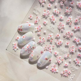 5D Embossed Cherry Blossoms Nail Stickers for Nail Art Spring Summer Nail Art Stickers Self-Adhesive Pink Flower Design Manicure Decorations Floral Nail Decals for Women Girls Acrylic Nail Salon DIY