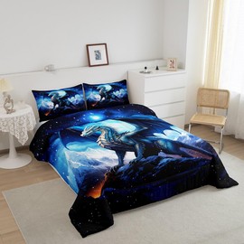 Dragon Comforter Set Queen Size,Snow Mountain Starry Sky Galaxy Bedding Set for Kids Boy Men Teens Room Decor,Glitter Star Trippy Duvet Insert 3Pcs,Western Magical Animal Blue Quilt Set,2 Pillowcases