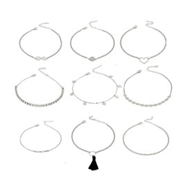 NVENF Ankle Bracelets for Women Multilayered Chain Anklets Boho Adjustable Rhinestone Sequin Tassel Heart Charm Ankets Beach Summer Foot Jewelry (Silver 9pcs)