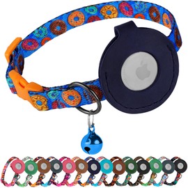 Airtag Cat Collar with Bell - Non Breakaway Soft Pet Collar with Leather Air Tag Holder - Adjustable GPS Anti-Lost Collars for Girl Boy Cats Kitten Puppies, Lightweight and Patterned (Donuts)