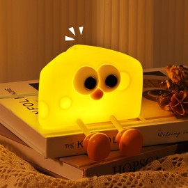 Lewondr Cute Cheese Night Light, Nightlight with Timer & 2 Brightness, Silicone Squishy Touch Lamp Rechargeable Tap Table Lamp for Men Room, Bedside, Yellow