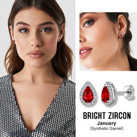 Bestyle 925 Sterling Silver Created Diamond Earrings Teardrop Studs for Women, 5mm January Granet Birthstone Gem Earrings Illuminated by 1mm White Cubic Zirconia