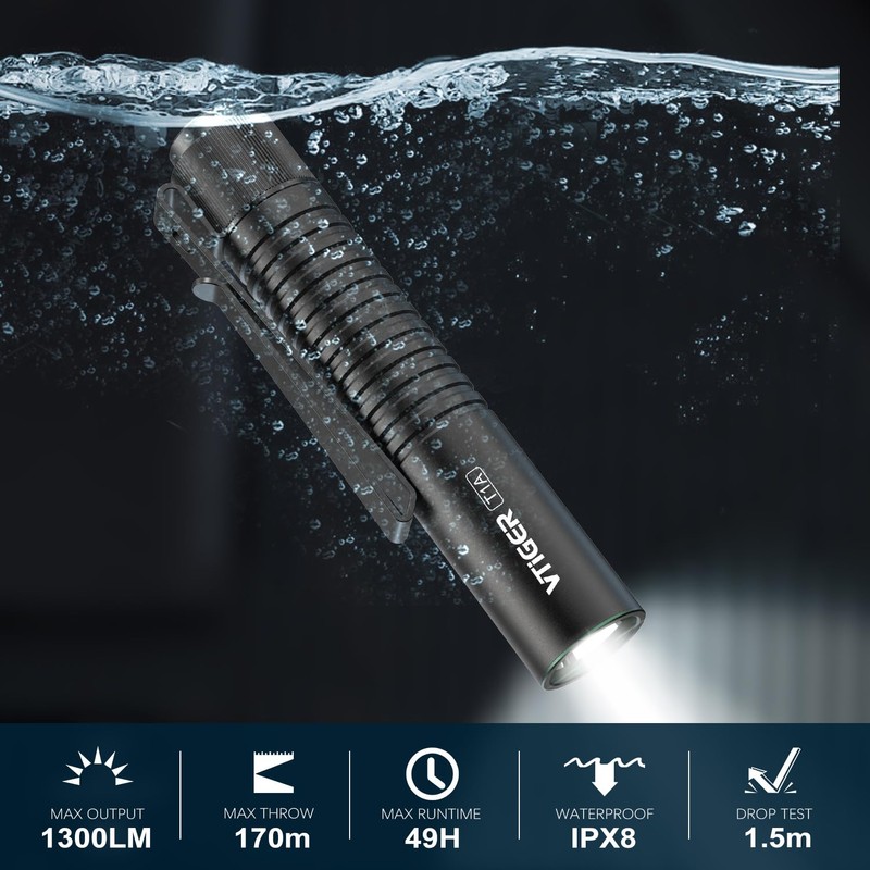 VTIGER T1A Mini Pocket EDC Flashlight with Clip,1300 Lumen Compact