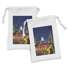 Ambesonne Chicago Skyline Fabric Pouch Set of 2, Landmark Fountain in the Center of Grant Park Night View City Scene, Small Drawstring Bag for Toiletries Masks and Favors, 9" x 6", Multicolor