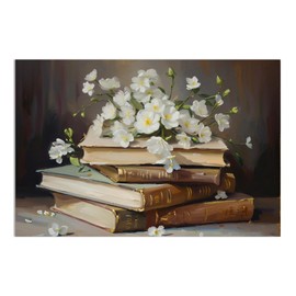 Vintage Books and White Flowers Canvas Wall Art, Cottagecore Light Academia Floral Painting, Antique Book Still Life Print for Bedroom Living Room Study Library Wall Decor 1624 in Unframed