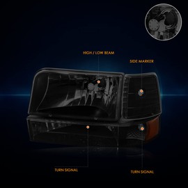 PM PERFORMOTOR Black Smoked Housing amber Corner Pair of Headlights Replacement Compatible with 92-96 Bronco F150 F250 F350, PMHL-F150-9296-6P-OH-BSA