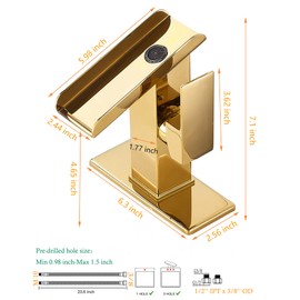 Gold Bathroom Faucets LED Waterfall Spout One Hole RGB 3 Colors Light Changing Lavatory Vanity Sink Faucet Brass Single Handle Modern Washbasin Bath Basin Tap Contemporary with Water Supply Lines