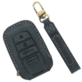 LOCOY Key Fob Cover Fit for Toyota Tundra Accessories 2022 2023 Key Fob Case, Key Protector Cover, Key Shells, Keychains, Leather Key Case 4 Button (Blue Leather Gray Stitches, 1Pcs)