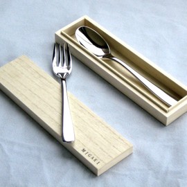 Nagao MIGAKI Curry Spoon Pasta Fork Set, 18-8 Stainless Steel, Wooden Box, Made in Japan