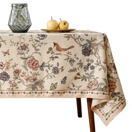 ISAENNE French Tablecloth for Rectangle Tables,Linen Table Cloth with Flowers and Birds Pattern,Heavy Durable Table Cover for Dining Thanksgiving Kitchen Decor Party Banquet Christmas,55"*71"