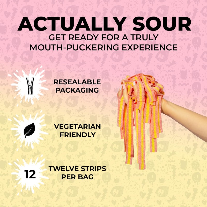 Sour Strips Sour Candy Belts, Pink Lemonade, Resealable Candy Bags,
