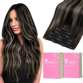 YoungSee Clip in Hair Extensions Ombre Black Hair Extensions Clip ins Blend of Black and Silver with Black Roots Invisible Clip in Hair Extensions Human Hair Easy to Wear 16Inch 120G 7Pcs