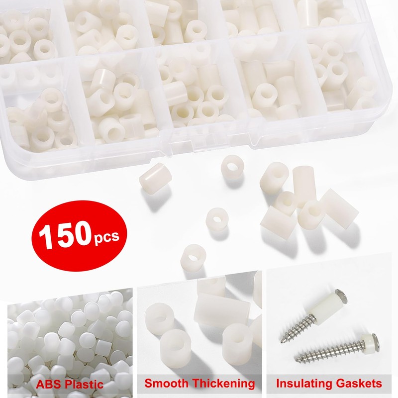 YIXISI 150 Pieces Plastic Round Spacer Kit, for M3/M4 Screws,