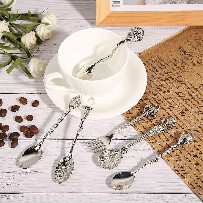 6 Pcs/Set Vintage Carved Coffee Spoons Teaspoons Retro Zinc Alloy
