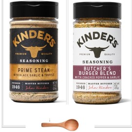 Prime Steak with Black Garlic and Truffle Seasoning (7.9 oz.) & Butcher's Burger Blend Seasoning (9 oz.) with Mae Mae's Marketing, LLC Wooden Spoon