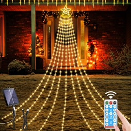 HELESIN Solar Outdoor Christmas Decorations Lights, 350LED Christmas Star Tree Light wth Remote Control, 8 Modes Waterfall Lights USB Charge for Holiday Xmas Tree Patio Yard Decor, Warm White