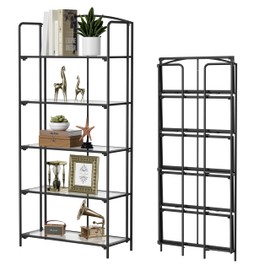 Crofy No Assembly Folding Bookshelf for Living Room, 5 Tier Black Collapsible Book Shelf for Home Office, Portable Bookcase Storage Organizer