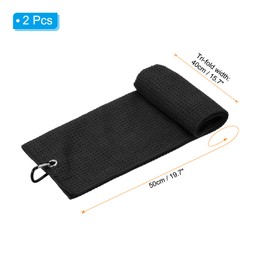PATIKIL 20"x16" Tri-Fold Golf Towels, 2 Pack Waffle Pattern Towels Soft Fiber Strong Water Absorption with D Clip for Golf Lovers, Black
