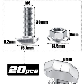 Hammer Head Screws M6 x 30 Stainless Steel A2-70, Pack of 20 Hammer Head Screws with Locking Tooth Nuts Flange Nuts Hanger Bolts M6 for PV Solar Mounting Rails Greenhouse and Aluminium Profile for