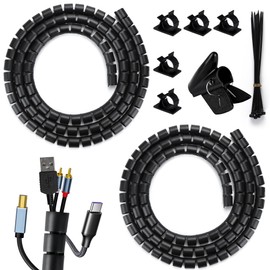 Self-Closing Cable Sleeve, Black, 2 Pieces, 1.5 m, Diameter 16 mm + 22 mm, Flexible Cable Duct with 20 x Cable Ties, 5 Cable Clips, 1 Wire Guide Clip, Cable Management for Desk, TV, Computer
