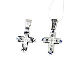 NKlaus Sterling Silver 925 Silver Cross Pendant Orthodox Russian 4 Blue Cubic Zirconia 4651 Christening, Sterling Silver, Cubic Zirconia