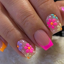 Flower Press on Nails Short Square Fake Nails with Pink French Designs Nude Full Cover Glue on Nails Glossy False Nails Press ons Spring Stick on Nails for Women 24 Pcs