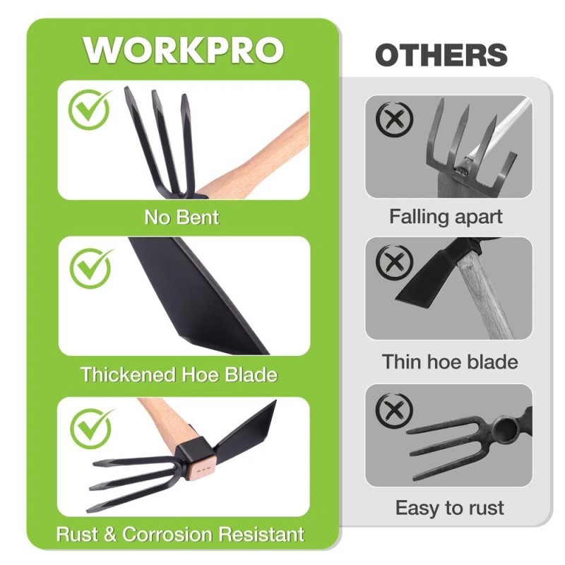 WORKPRO Hoe and Cultivator Garden Rake with 14" Wooden Handle