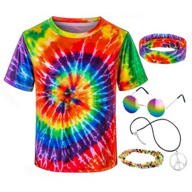 Hippie Costume for Men Momen 60s 70s Colorful T-Shirt 5 PCS Accessories Set for Theme Party, Colorful, Medium
