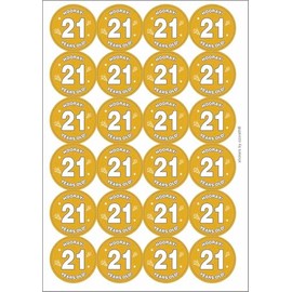Hooray 21 Twenty One Twenty First 21st Birthday Circular Matt Paper Stickers A4 Sheet of 24 (Each Sticker is 45mm Diameter)